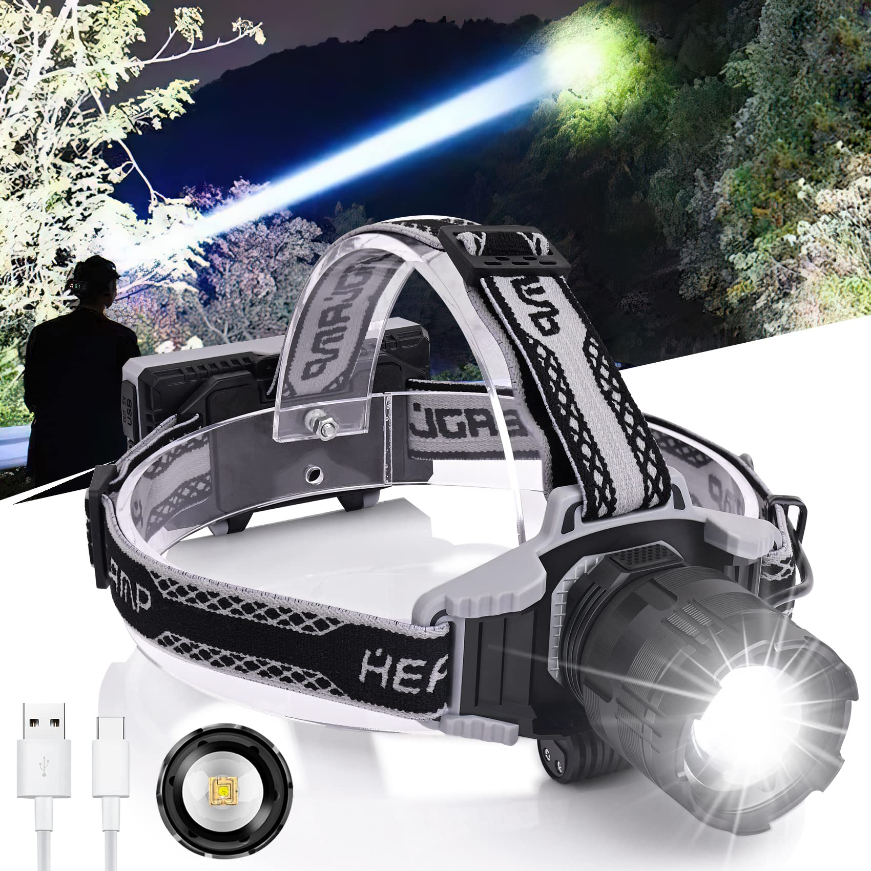 Rechargeable Headlamp 180000 Lumen Super Bright Headlamp for Adults 4 Modes Zoomable Digital Display Waterproof Headlamp with Red Light for Camping Adventures