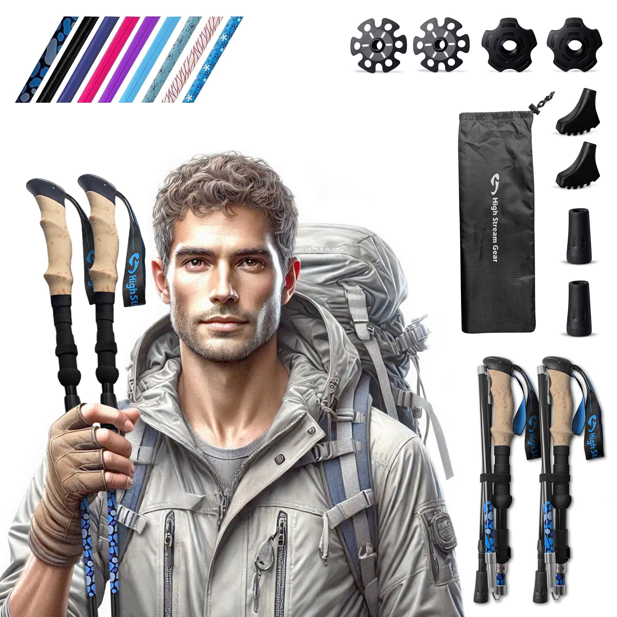 Walking Sticks for Men & Women - 14.5” Foldable Hiking Poles for Backpacking Exercising and Traveling Set of 2 Nordic Collapsible Trekking Poles (Blue Pebbles 100-120cm)
